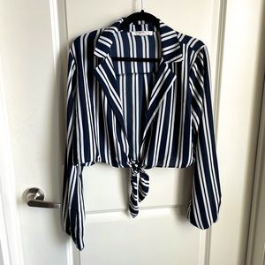 Navy Striped Front Tie Cropped Blouse